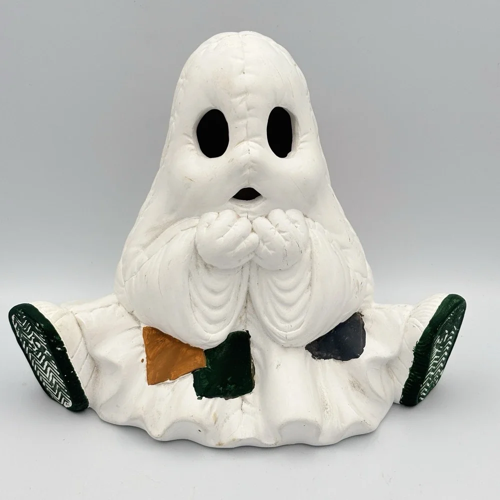 Vintage Halloween Ceramic Patchwork Ghost Rare Holiday Decor Cute & Spooky